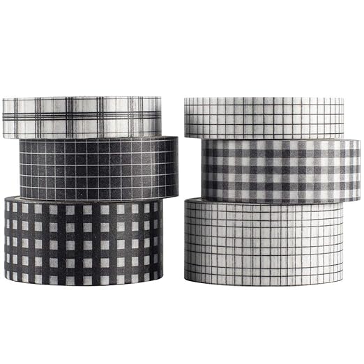 YUBBAEX 6 Rolls Plaid Washi Tape Set Basic Grid Masking Decorative Tapes for Arts, DIY Crafts, Journals, Planners, Scrapbooking, Wrapping (Black Plaid)