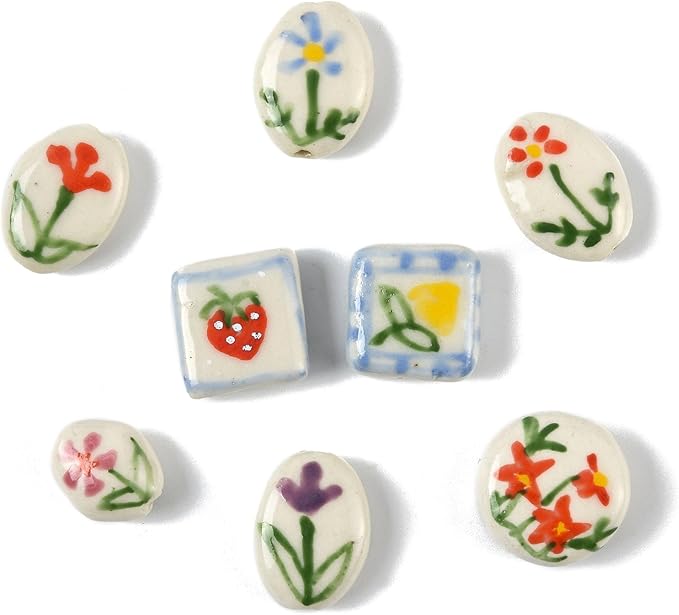 8Pcs Flower Porcelain Beads for DIY Jewelry Mixed Shapes Handmade Round Square Oval Floral Spacer Beads for Necklaces Bracelets Earrings Keychains Making and Crafting