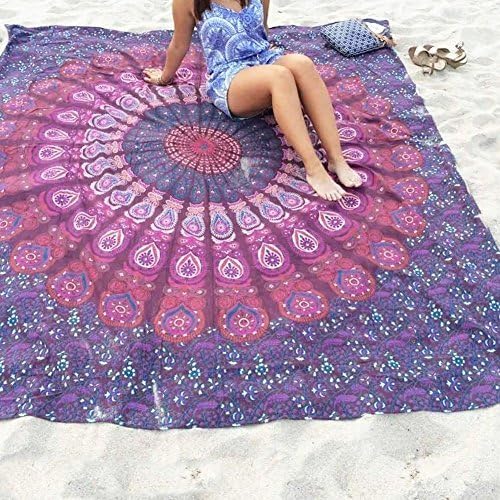 bless international handmade indian hippie bohemian psychedelic peacock mandala wall hanging college dorm beach throws table cloth bedding tapestry (purple pink, queen(84x90inches)(215x230cms))