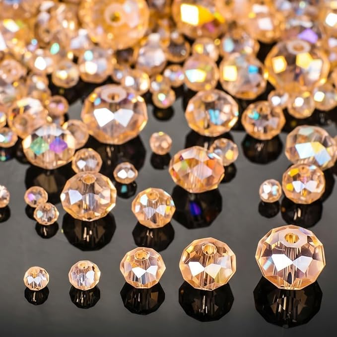 Song Xi 1250PCS 5 Different Size Champagne Crystal Beads for Jewelry Making, Rondelle Glass Beads for Bracelets Necklace, Earring and Making Supplies, Arts and Crafts, AB Color (3/4/6/8/10mm)
