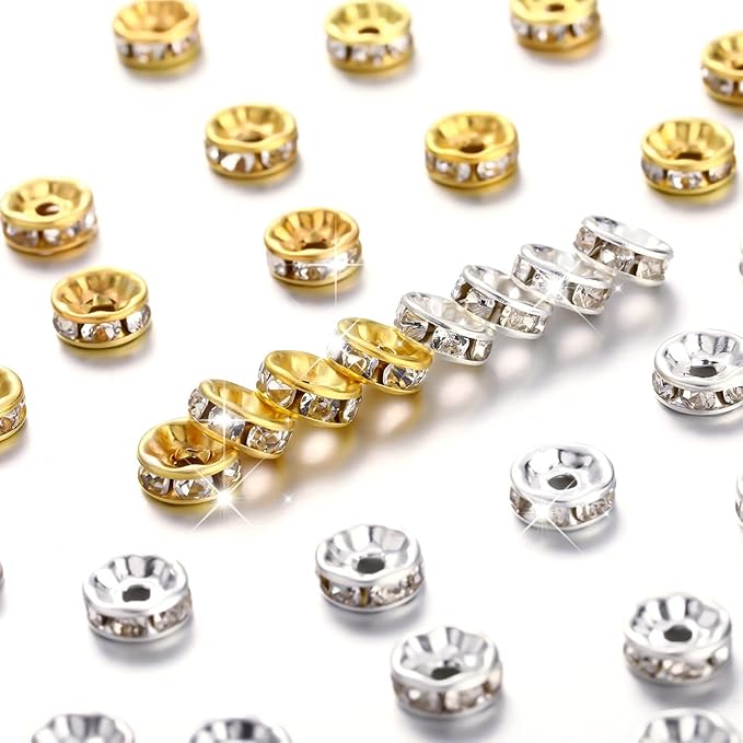 6mm Flat Round Spacer Beads, Clay Beads for Bracelets Making Kit, Heishi Polymer Flat Disc Spacer Beads for Jewelry Making, Clay Beads for Jewelry Making Gold Beads Silver (1700pcs(500Rhinestone))