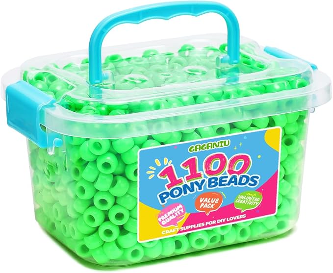 gaganiu pony beads 1100+ pcs – lime green plastic kandi beads in jar for bracelets, hair braids, jewelry making & diy crafts
