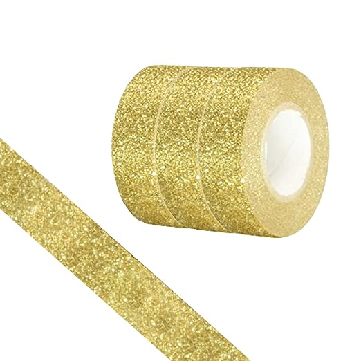 Glitter Washi Tape,3 Rolls 5/8"(15mm) Gold Decorative Tape, Craft Self Adhesive Stick On Sticky Glitter Trim Gold ，Supplies for DIY, Bullet Journal, Craft, Gift Wrapping, Scrapbooking (Shiny gold)