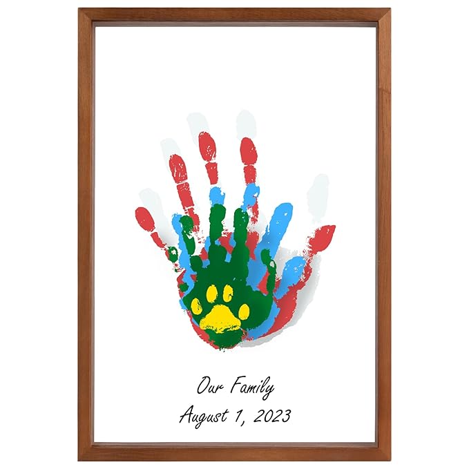 guanshiya family handprint kit - gifts for new parents, adoption gifts, create lasting diy craft keepsake wooden frame -includes 5 paint colors - transparent sheets (brown)