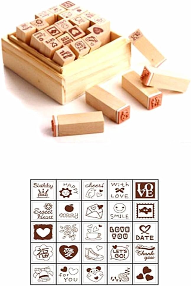 Diary Stamp Set,Wooden Rubber Signet for Children DIY Scrapbooking Planner Card Making(25pcs,Love Heart)