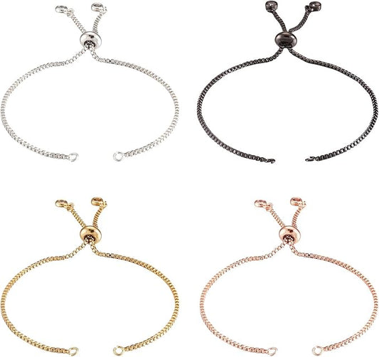 FASHEWELRY 10 Strands Adjustable Brass Bracelet Slider Extender Chains with Cubic Zirconia Ends 4-3/8" to 4-3/4"(110~120mm) Metal Plated for DIY Jewelry Making (Random Mixed Colors)
