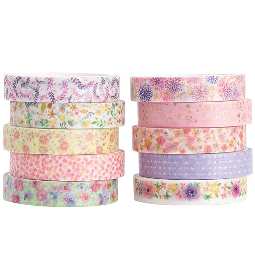 YUBBAEX 10 Rolls Sparkling Washi Tape Set 8mm Skinny Gold Foil Decorative Masking Washi Tapes for Journal,Scrapbook, Planner, DIY Crafts (Beautiful Flowers)