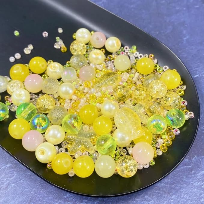 Assorted Glass Resin Beads Multi Size Colors Smooth Cracked Gravel Millet Spacer Beads for Bracelets Necklace Earring DIY Jewelry Making Craft(Glazed Yellow Series)