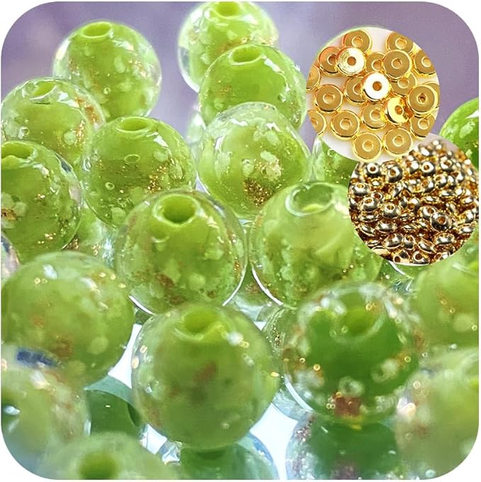 8mm 200pcs Glow in The Dark Glass Beads with Holes for Jewelry Making Bracelets Earrings Necklace Bulk Lampwork Solar Unique DIY Crafts Gold Spacer Beads Kit(100pcs Beads+100pcs Spacer)
