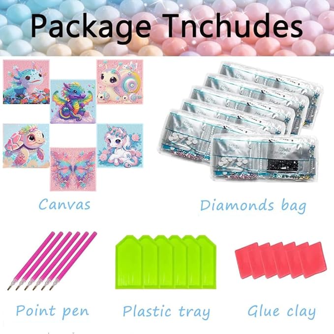 Tiwabb 6 Pack 5D Cartoon Diamond Art Kits for Kids Ages 8-12,Cute Animals Diamond Painting for Kids Beginners,Full Drill Gem Art for Kids DIY Crafts for Girls 8-12, for Home Wall Decor 7x7 Inch
