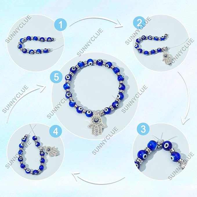 SUNNYCLUE 1 Box 240Pcs 6 String Evil Eye Bracelets Making Kit 8mm/10mm Evil Eye Beads Bulk Lampwork Glass Beads Blue Hamsa Hand Charms for Jewelry Making Kits Women Adults DIY Bracelets Crafts