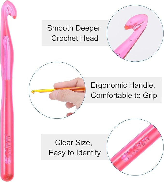 uxcell Large Crochet Hooks 10mm Ergonomic Knitting Crochet Hook Plastic Huge Big Crochet Hooks for DIY Crocheting Yarn Blanket Carpet Weaving, Pink