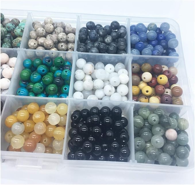 Yephac 750pcs 6mm Natural & Synthetic Round Stone Beads - 1mm Hole Size, DIY Smooth Beading for Bracelet, Necklace, Earrings - Jewelry Making, Box Packed (15material-6mm)
