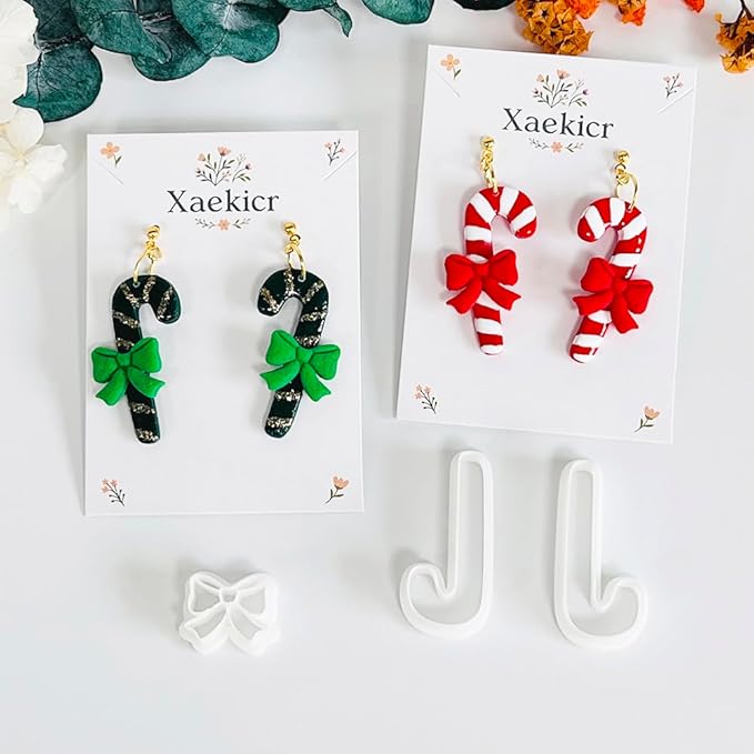 Xaekicr Christmas Candy Cane Polymer Clay Cutters – 3pcs Holiday Clay Earring Cutters Set for DIY Jewelry Making, Cute Bow and Candy Shapes, Clay Tools and Polymer Clay Molds