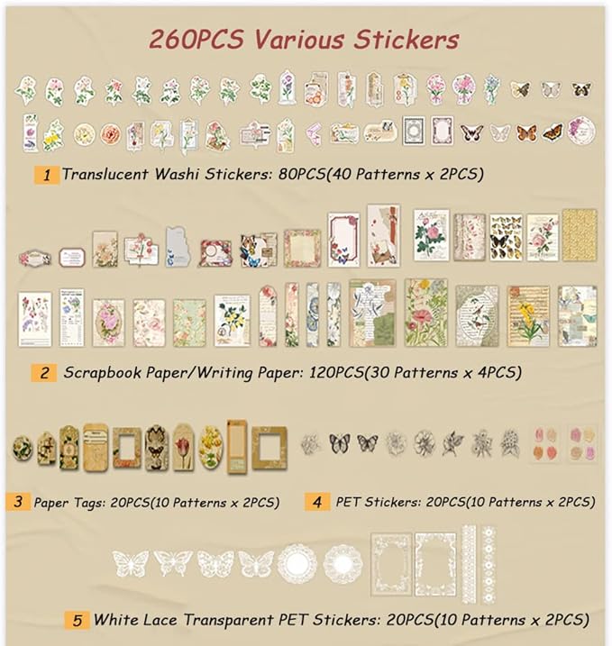260 Pieces Vintage Scrapbook Supplies Pack, Decorative Paper Stickers Collection for Journal Arts Crafts Album Journals Planners (Flowers)
