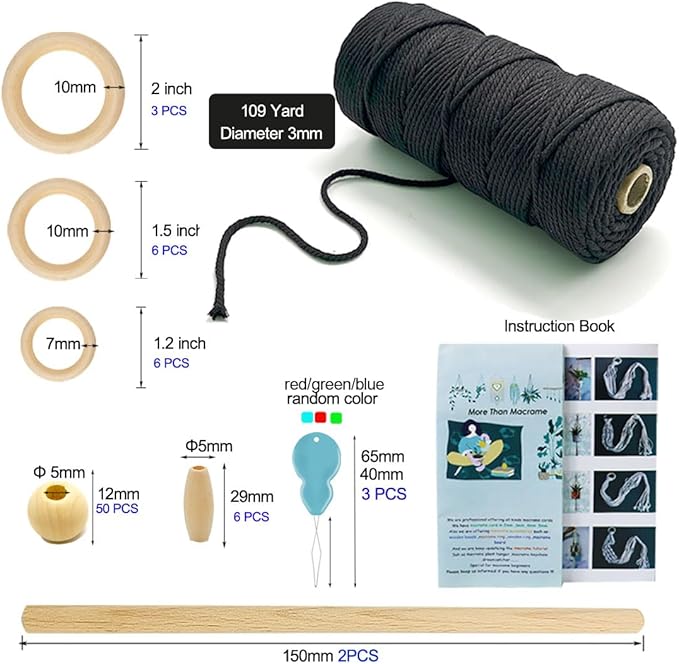ewparts macrame kit for adults beginner diy craft kits with step by step instruction book,3mm macrame cord black,wooden beads, wood rings to make plant hanger, boho wall hanging decor, book marks