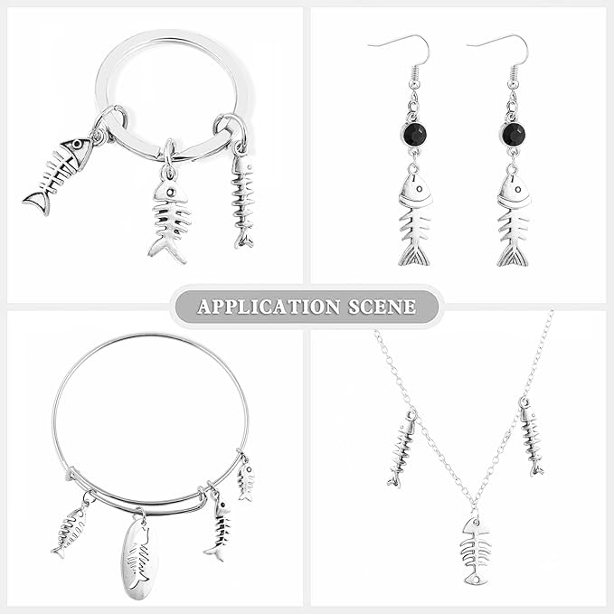 DanLingJewelry 100Pcs 10 Styles Fish Charm Bulk Fish Bone Charms Skeleton Charms for Jewelry Making Summer Ocean DIY