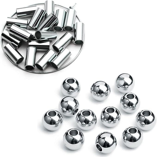 Ourtroness 200 Pieces Long Tube Beads and 200 Pieces Round Spacer Beads 4mm 304 Stainless Steel Loose Bead Smooth Charm Bead for DIY Craft Jewelry Making