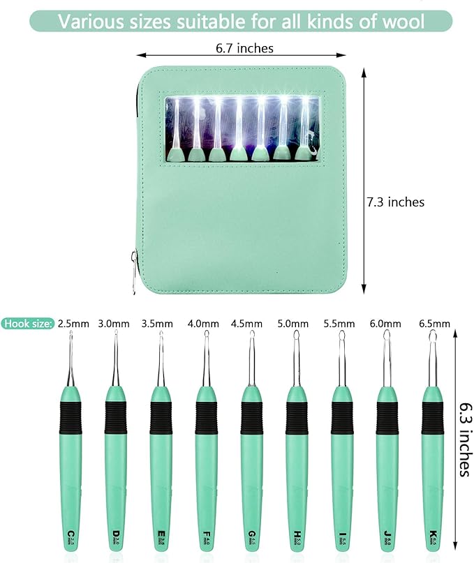 Chuangdi 9 Pieces Lighted Crochet Hooks with Case 9 Size LED Light Crochet Hooks Set Knitting Needles Craft Yarn Weaving Needles Comfortable Smooth Handle for Knitting, 2.5 mm-6.5 mm(Green)