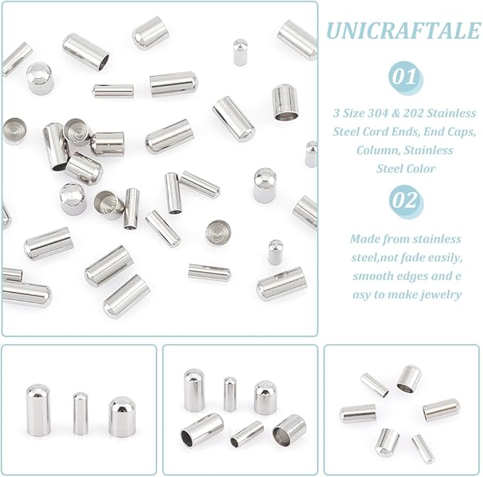 UNICRAFTALE 90Pcs 3 Sizes Stainless Steel Cord Ends 24mm Column Cone Leather Jewelry Making Caps Bracelet Ends Terminators for Necklace Making