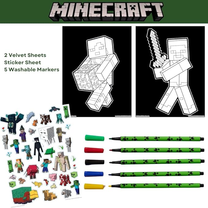 Minecraft Coloring Book for Adults and Kids, Black & White Sheets, Velvet Coloring Pages, Stickers, Washable Markers