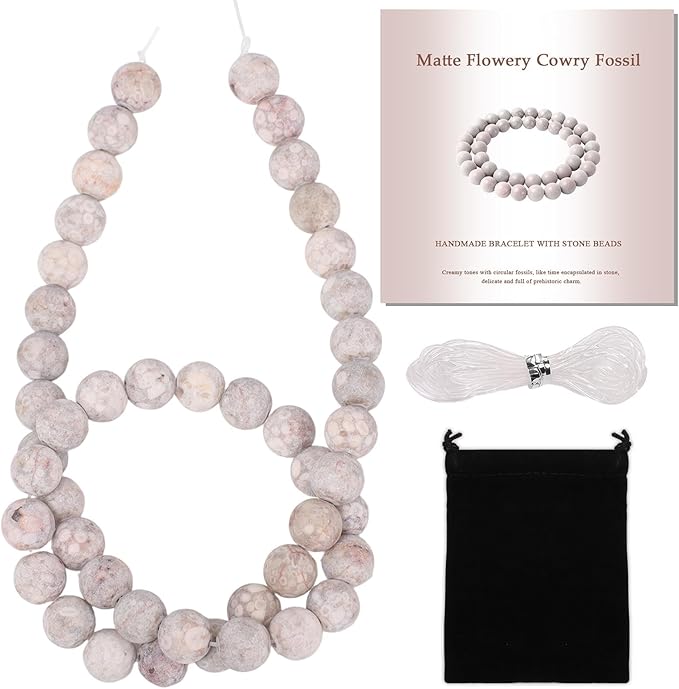 Stone Beads, 45pcs Matte Flowery Cowry Fossil, 8mm Round Loose Beads for Jewelry Making, Bracelets, with Bag, String & Card