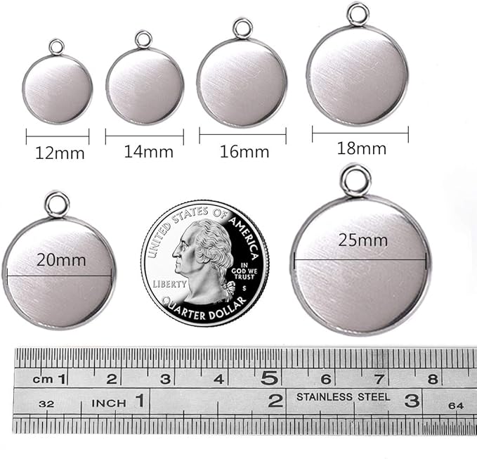 DROLE 100Pcs Bezel Pendant Blanks Kit-50Pcs Stainless Steel Pendant Trays Round Bezel with 50Pcs Glass Cabochons Clear Dome,18mm Pendant Blanks for Photo Pendant Craft Jewelry Making
