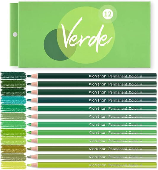 qianshan 12 Green Colored Pencils Oil Based Pre-sharpened Wooden Colored Pencil Set for Adults Coloring Books Drawing Sketching Art Supplies, No Duplicates
