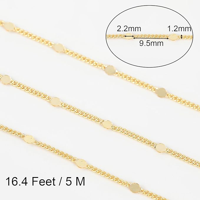 Jabogrii 32.8 Feet 18K Gold Plated Brass Jewelry Making Chains Flat Round DIY Necklace Bracelet Chain for Jewelry Making