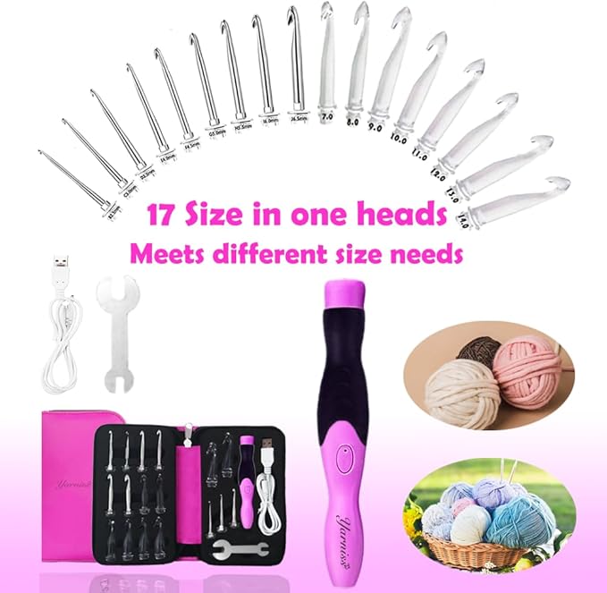 Yarniss 17 Size Lighted Crochet Hooks Set 2.5 mm to 14.0 mm, Metal Rechargeable Light Up Crochet Hooks with Case