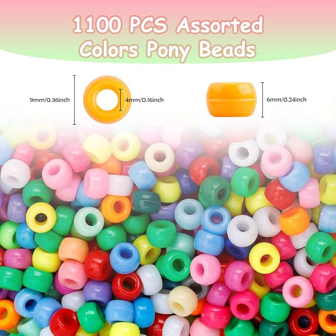 pony beads 1100 pcs,beads for jewelry bracelets making,bracelet bead,plastic hair bead for braids for girls for craft,gifts for girls (multicolored)