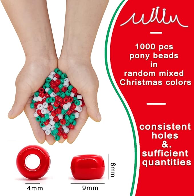 MIIIM 1000PCS 6x9mm Pony Beads Bulk for Christmas, Bracelets Making Kit, Kandi, Hair Braids, Craft Jewelry Making (Christmas)