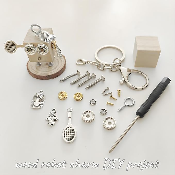 Mini Steampunk Robot Model Building Kit for Adults, Teens, Kids - Desk Figures DIY Project Construction with Wood & Metal - Perfect Gifts, Office Decor, STEAM Education - Keychain Charms (Tennis Boy)