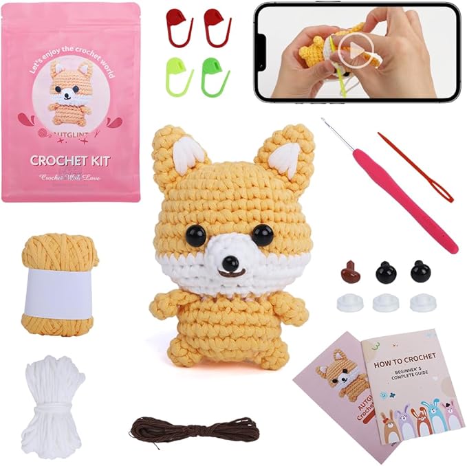 Autglint Fox Crochet Kit for Beginners, Amigurumi Animal DIY Knitting Kit with Step-by-Step Video Guides, Learn to Crochet Kit for Adults & Kids with Pre-Started Yarn - Orange Fox