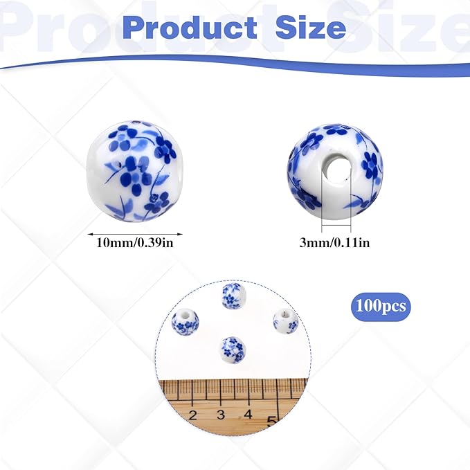 Ceramic Beads, 100Pcs Round Porcelain Beads 10mm Handmade Porcelain Blue Flower Printed Spacer Beads Craft Beading Kit for Jewelry Making Supplies DIY Crafts Bracelets Necklace