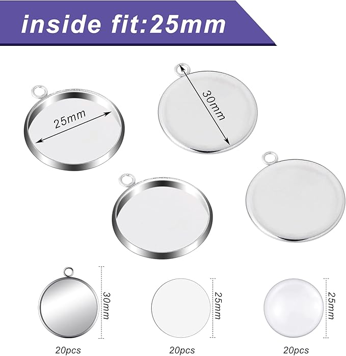 60 Sublimation Pendant Tray for Jewelry Making Include 20 Round Blank Pendant Base 20 Flatback Clear Glass Dome 20 Aluminum Sheet Sublimation Blanks Jewelry for DIY (25 mm)