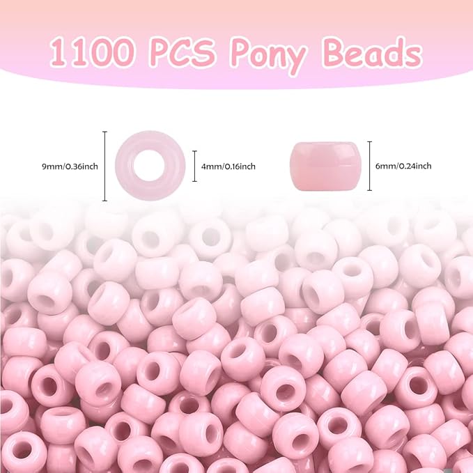 pony beads 1100 pcs, beads for jewelry making, beads for bracelets making, hair beads, valentine beads, pink beads for crafts, kandi jewelry, hair beads for braids for girls (pink)