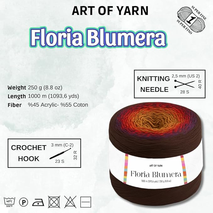 Floria Blumera Yarn 55% Cotton 45% Acrylic 1093.6 Yards Multicolor Gradient Yarn Cake for Knitting Crochet Spring Summer Ombre Rainbow Cotton Yarn for Flowers S.Fine 1 Sport-99265