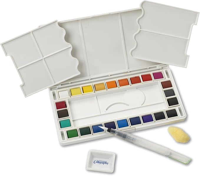 24 Assorted Water Colors Travel Pocket Set- Quality Refillable Water Brush with Sponge - Easy to Blend Colors - Built in Palette - Perfect for Painting On The Go JQ-124