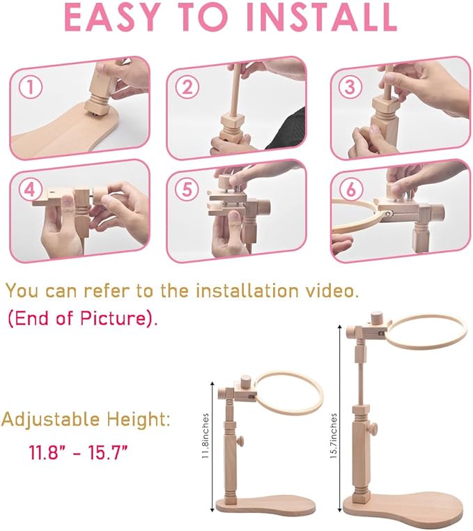 tindtop beech wood embroidery hoop stand, with 3pcs embroidery hoops (3inch + 6inch + 8inch), adjustable rotated wooden embroidery hoop holder for cross stitch and embroidery projects