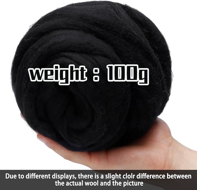 3.53oz Wool Roving, Wool Felting Supplies, Pure Wools, Chunky Yarn, Spinning Wool Roving for Needle Felting Wet Felting DIY Hand Spinning (Black)