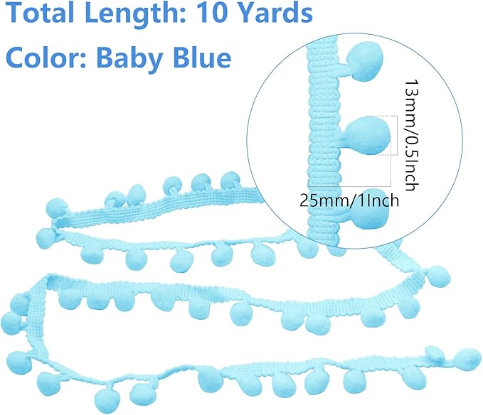 Homiest 10 Yards Pom Pom Trim for Sewing, 1 Inch Wide Baby Blue Ribbon Bundles Textured Fabric Fringe Ribbon, 13mm Ball Pompom Trim for DIY Crafts Curtain Clothes Pillow Home Decoration