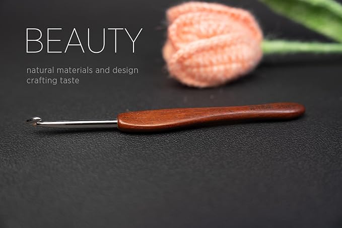 SEVENSUN Mimosa 5mm Single Crochet Hook, Available in 0.6mm-6.5mm, Ergonomic Hand Polished Stainless Steel Inline Pointy Wood Handle Crochet Hook for Arthritic Hands, Mother's Day Gifts for Mom