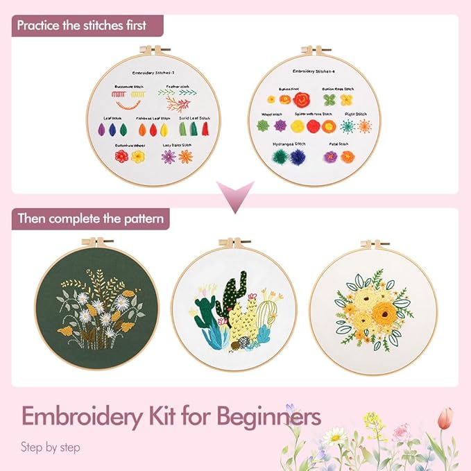 4 pack embroidery kit for beginners adults diy starter kit, cross stitch kits with flower stamped patterns, embroidery hoop, tools,colorful threads,step by step instructions,hand craft lover gift