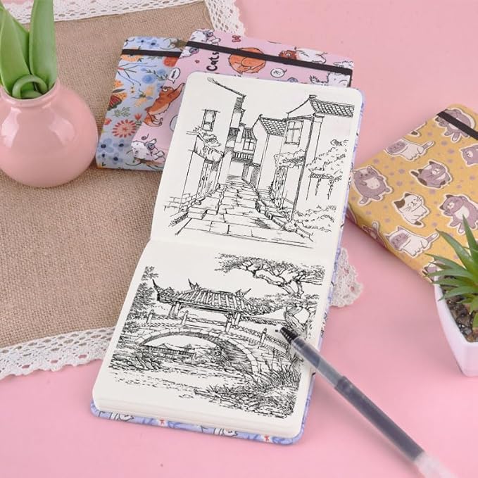 4.8" x 4.8" Square Art Sketchbook, 96 Sheets 80 GSM Artistic Drawing Painting Writing Paper,Mixed Media Sketch Book for Dry Media,Hardcover Journal Pocket Sketchbook.Purple Bow Cat