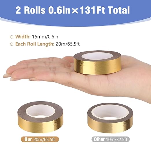 2 Rolls Gold Washi Tape 0.59In × 130Ft (Total 40m) Low Tack Solid Foil Gold Tape, Shiny Metallic Decorative Tape for Wall Mirror Decor Crafts Christmas Gift Wrapping