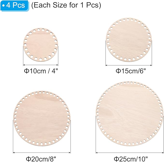 PATIKIL 4"/6"/8"/10" Diameter Crochet Basket Bottom, 4 Pcs Round Blank Crochet Knitting Wooden Base for DIY Craft Weaving Basket Making Supplies Home Decoration, Brown