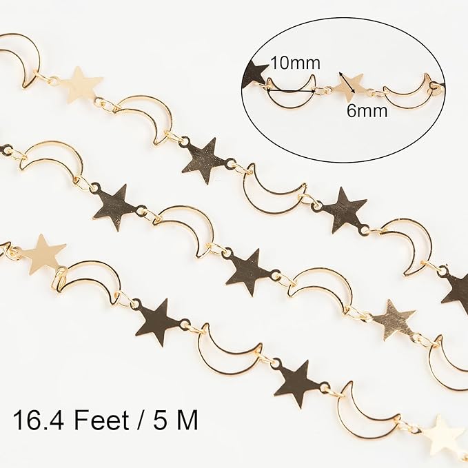 Jabogrii 5 Meters Star Moon Jewelry Making Chains Gold Plated Brass DIY Jewelry Making Supplies Necklace Bracelet Craft Chain Roll for Jewelry Making