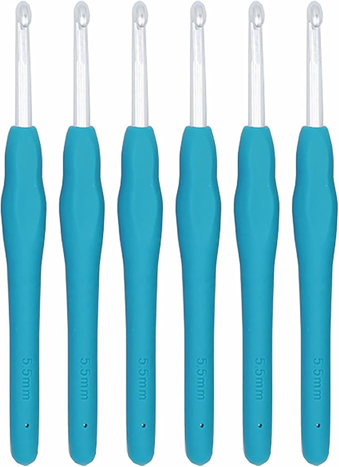 6Pcs 5.5mm Aluminum Soft Grip Rubber Ergonomic Handle Crochet Hook Knitting Needles US Size I (Size 9) for DIY Yarn Craft,Nice Gift for Women Adults Kids Children Beginners (Blue)