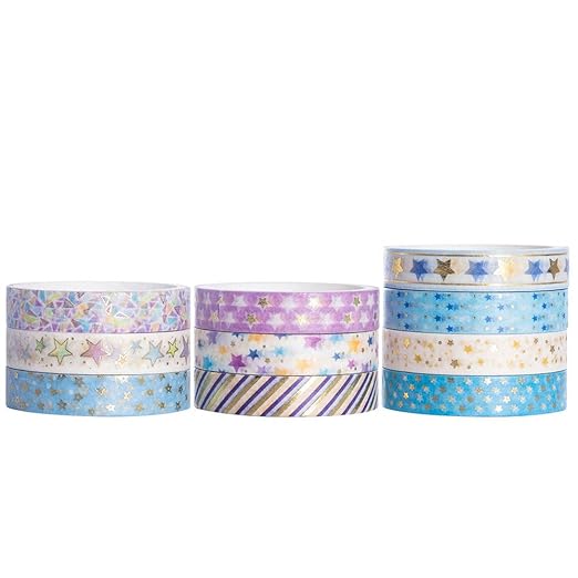 YUBBAEX 10 Rolls Sparkling Washi Tape Set 8mm Skinny Gold Foil Decorative Masking Washi Tapes for Bullet Journal,Scrapbook, Planner, DIY Crafts (Glittering Stars)